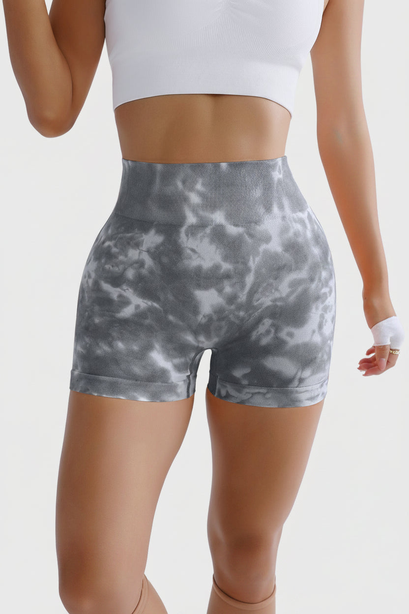 High-Waisted Yoga Shorts with Tie-Dye Design